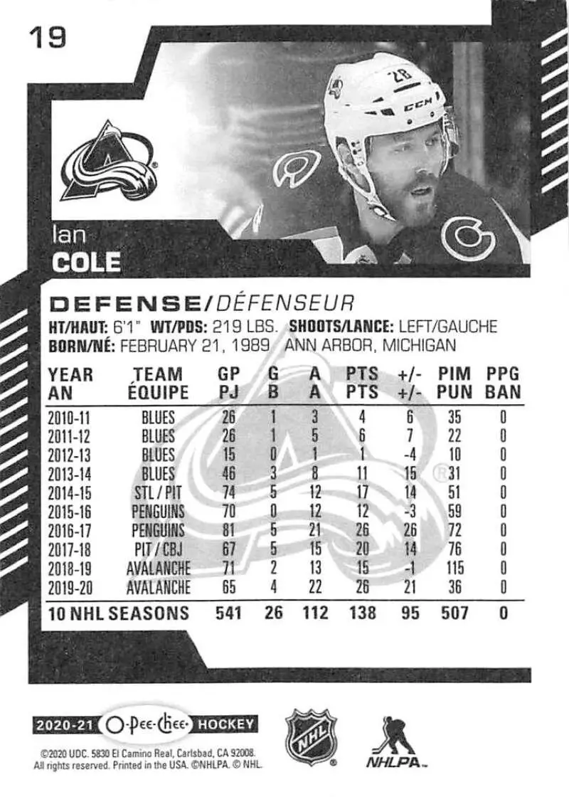 2020-21 O-Pee-Chee #19 Ian Cole 1