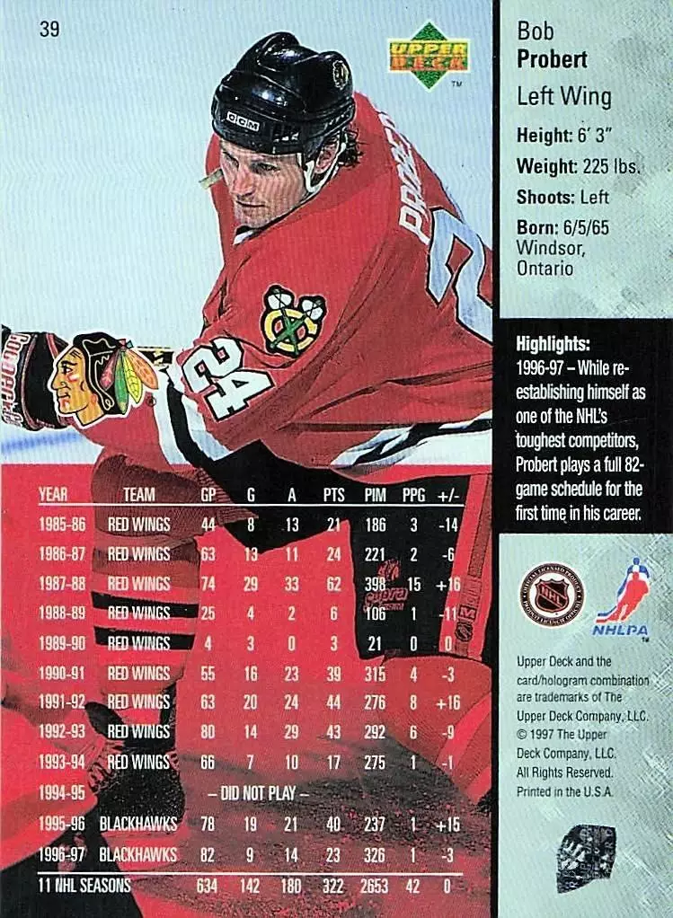 1997-98 Upper Deck #39 Bob Probert 1
