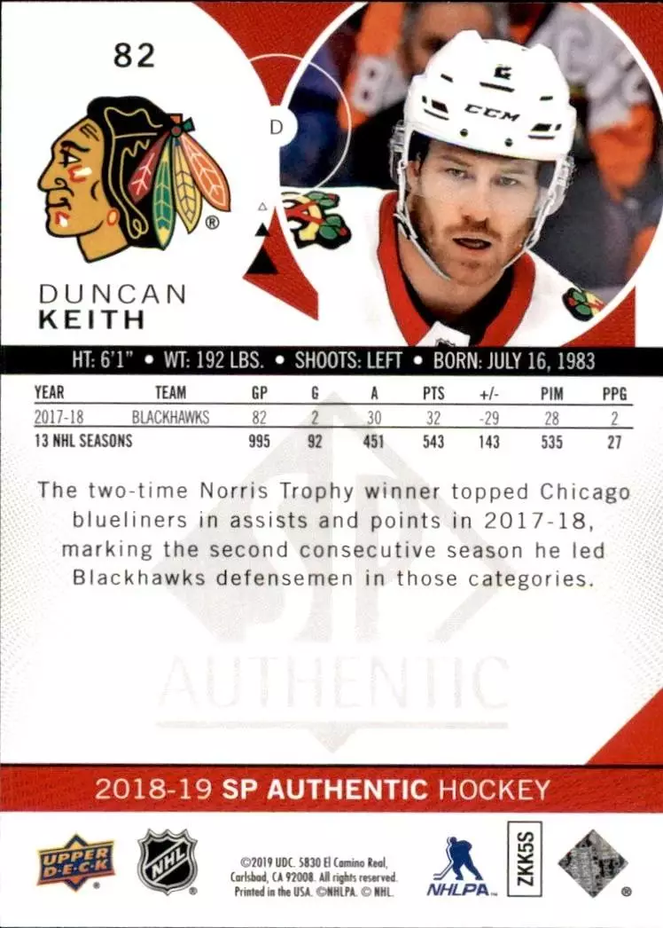 2018-19 SP Authentic #82 Duncan Keith 1
