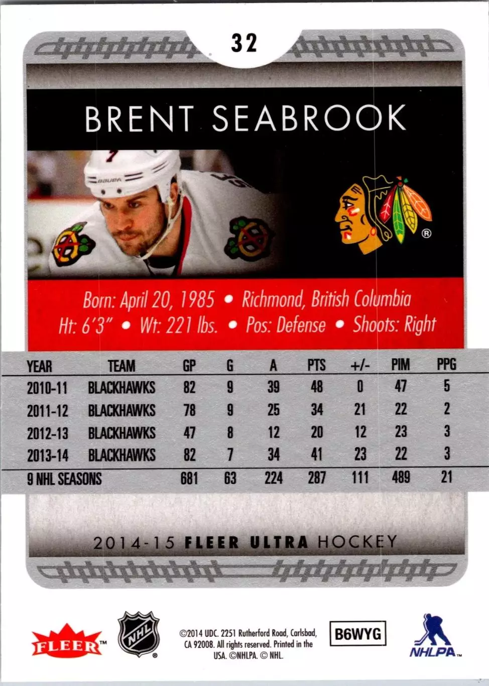 2014-15 Ultra #32 Brent Seabrook 1