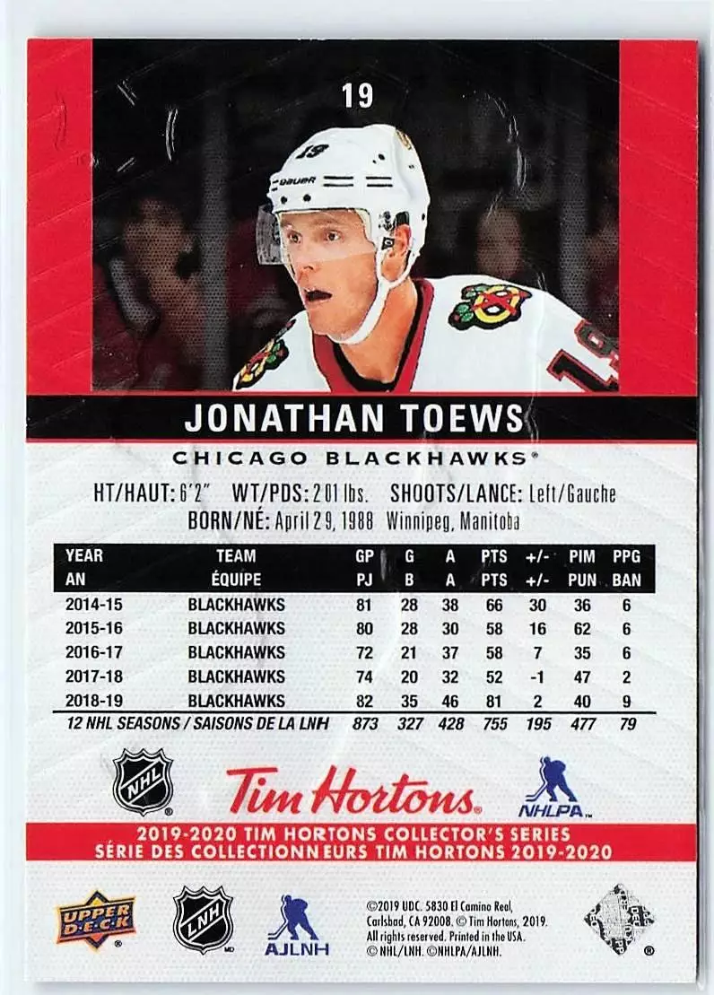 2019-20 Upper Deck Tim Hortons #19 Jonathan Toews 1