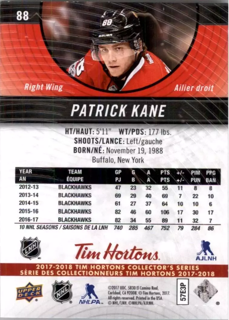 2017-18 Upper Deck Tim Hortons #88 Patrick Kane 1