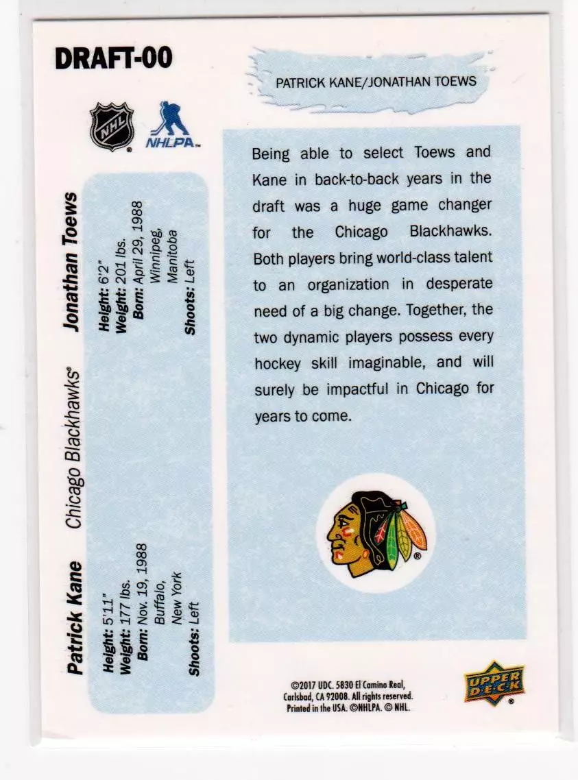 2016-17 Upper Deck Draft #DRAFT00 Jonathan Toews/Patrick Kane 1