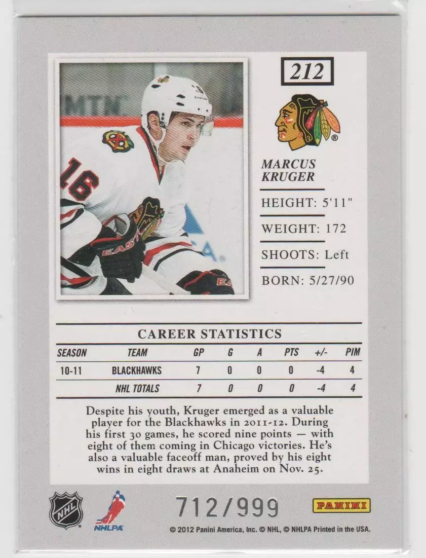 2011-12 Elite #212 Marcus Kruger RC 712\999 1