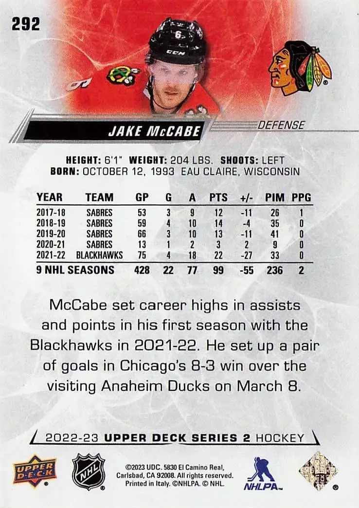 2022-23 Upper Deck #292 Jake McCabe 1