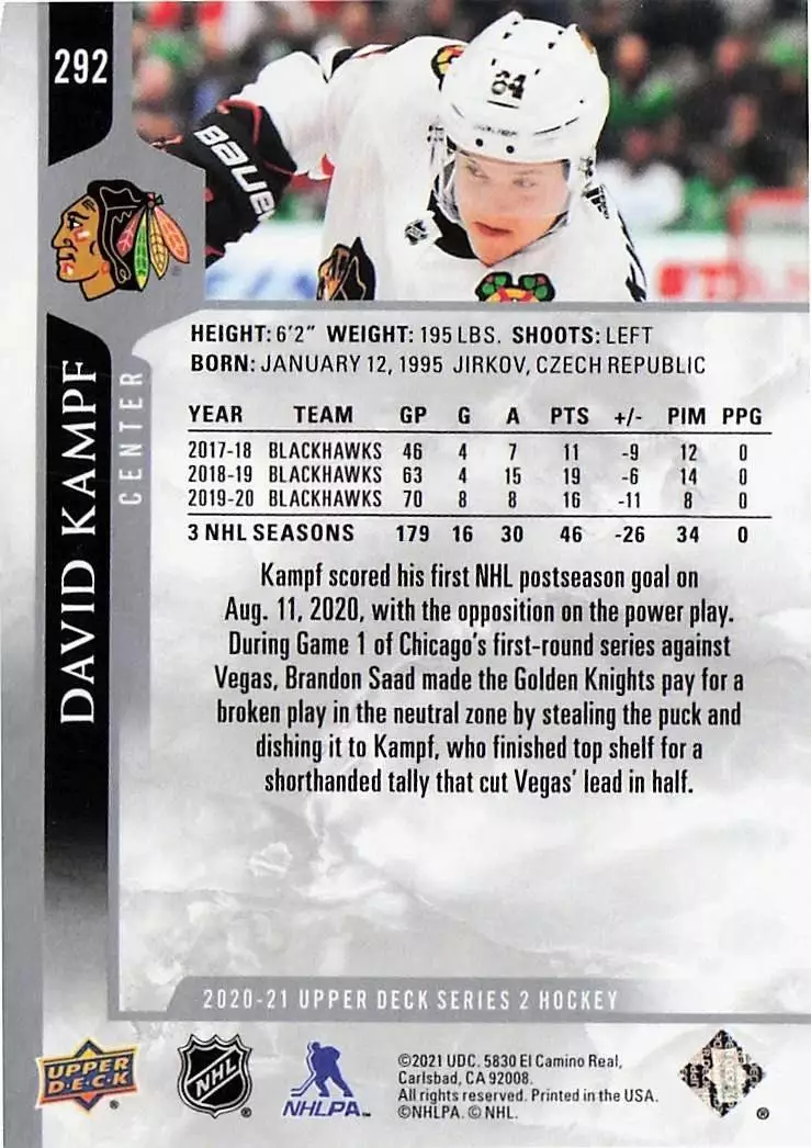 2020-21 Upper Deck #292 David Kampf 1