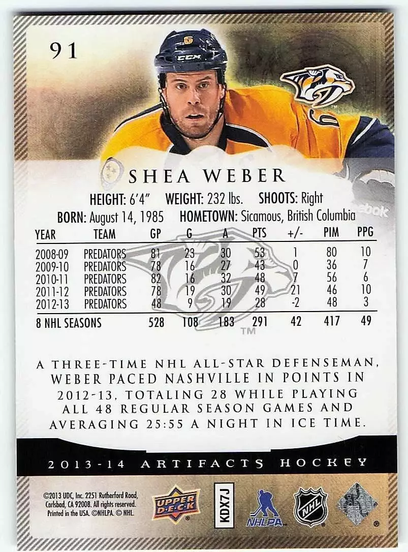 2013-14 Artifacts #91 Shea Weber 1