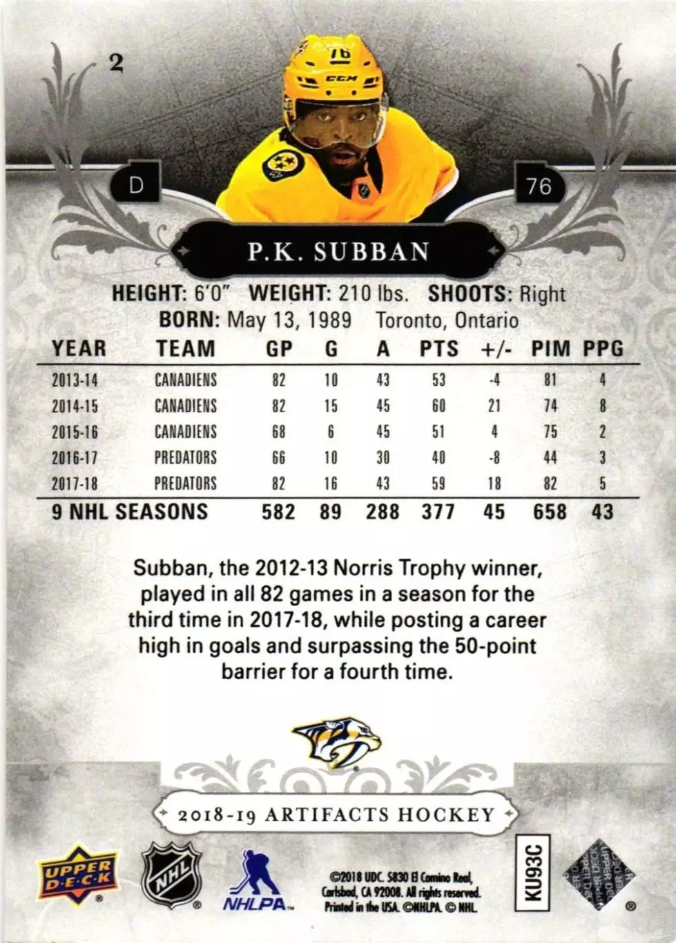 2018-19 Artifacts #2 P.K. Subban 1