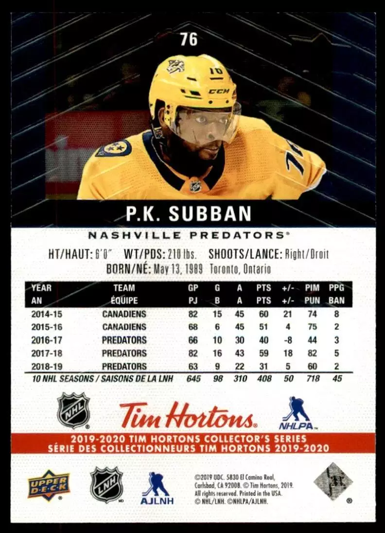 2019-20 Upper Deck Tim Hortons #76 P.K. Subban 1