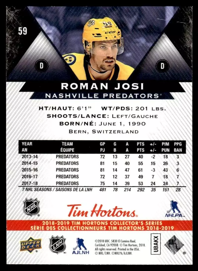 2018-19 Upper Deck Tim Hortons #59 Roman Josi 1