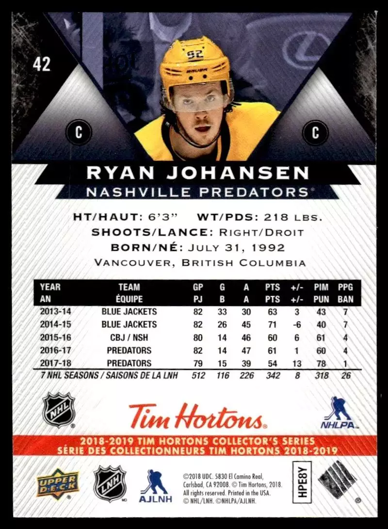 2018-19 Upper Deck Tim Hortons #42 Ryan Johansen 1