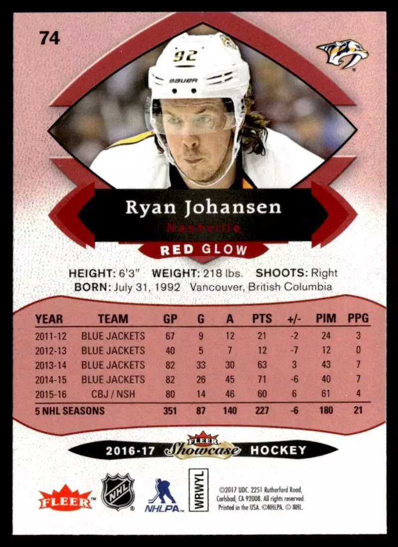 2016-17 Fleer Showcase Red Glow #74 Ryan Johansen 1