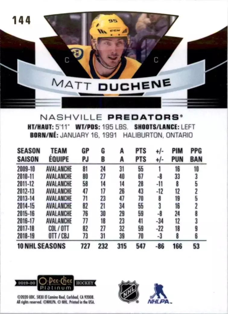 2019-20 O-Pee-Chee Platinum #144 Matt Duchene 1