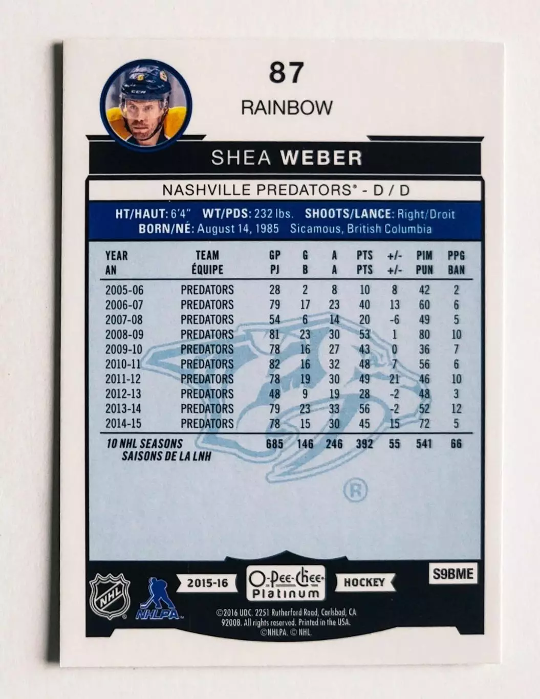 2015-16 O-Pee-Chee Platinum Rainbow #87 Shea Weber 1