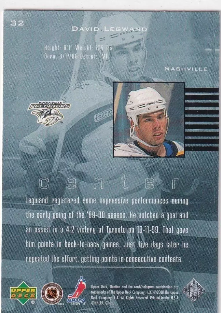 1999-00 Upper Deck Ovation #32 David Legwand 1