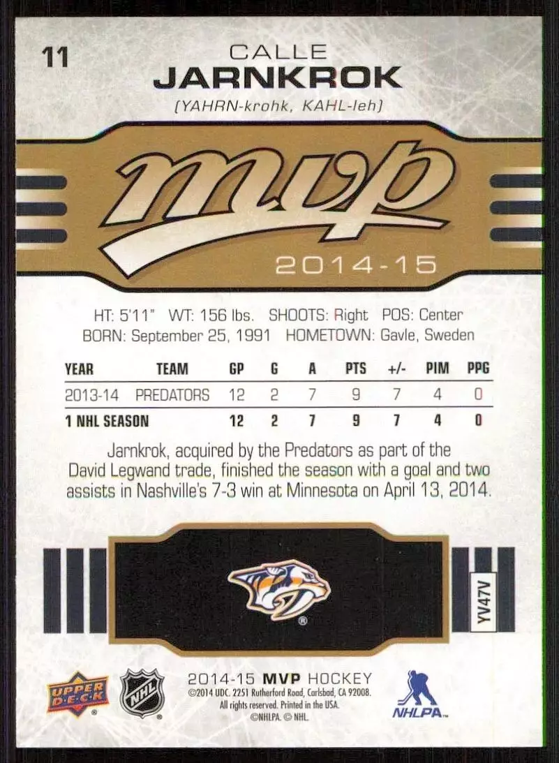 2014-15 Upper Deck MVP #11 Calle Jarnkrok RC 1