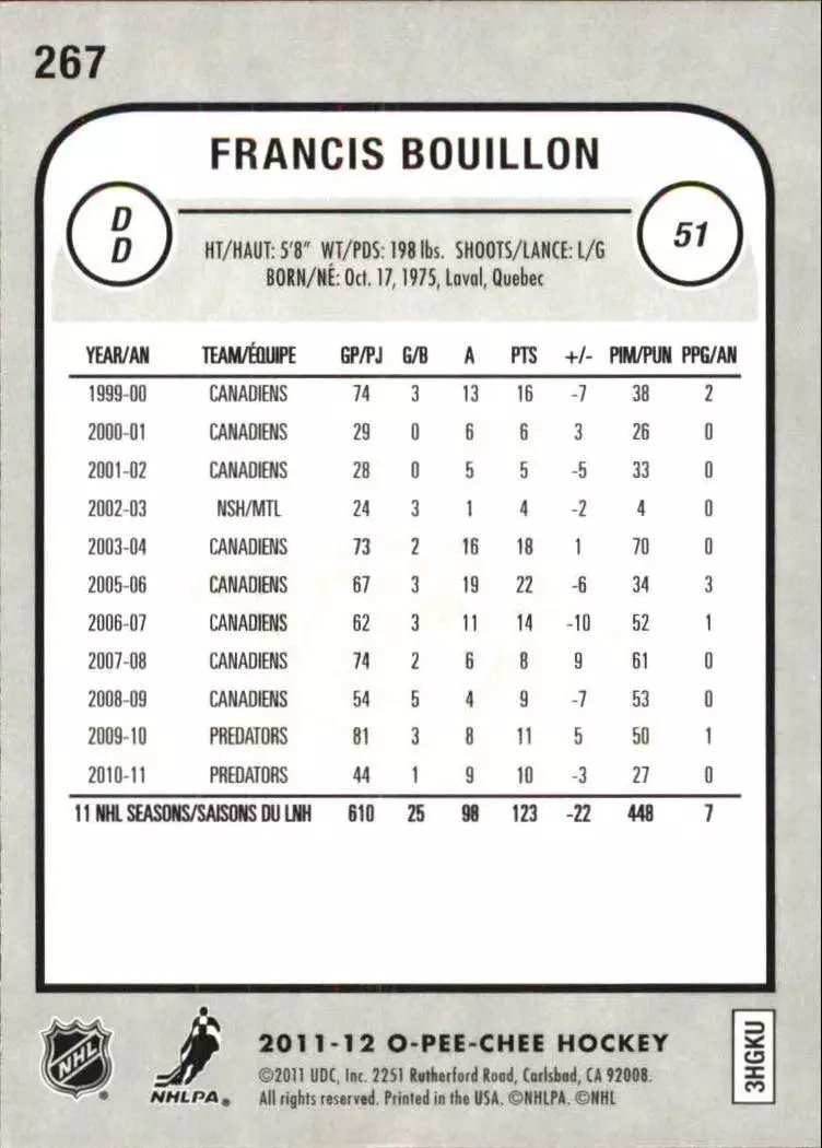 2011-12 O-Pee-Chee Rainbow #267 Francis Bouillon 1