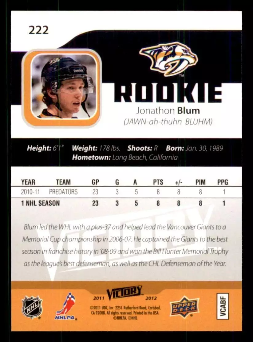 2011-12 Upper Deck Victory #222 Jonathon Blum RC 1