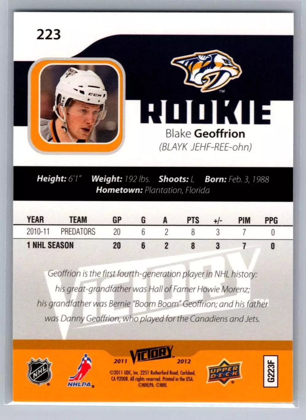2011-12 Upper Deck Victory #223 Blake Geoffrion RC 1