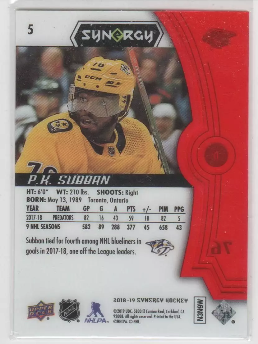 2018-19 Synergy Red #5 P.K. Subban 1