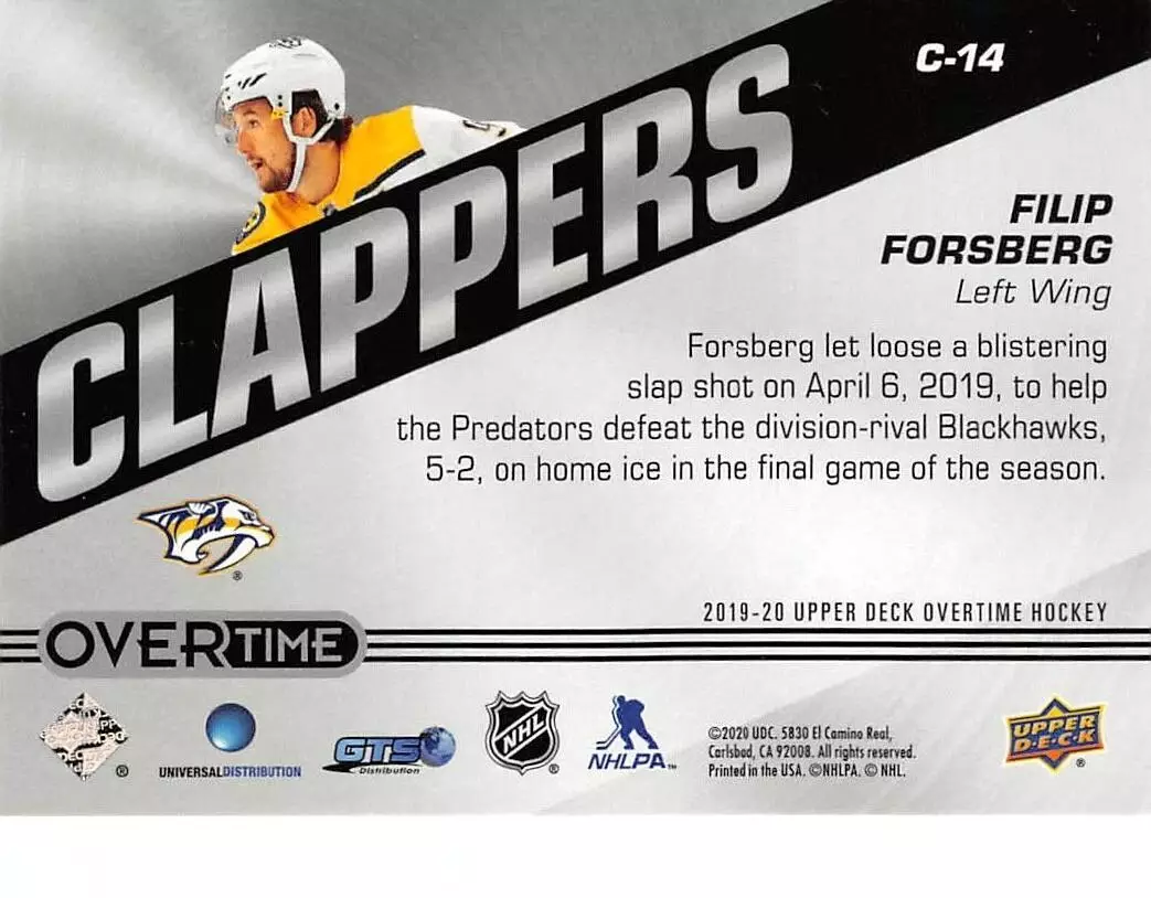 2019-20 Upper Deck Overtime Clappers #C14 Filip Forsberg 1