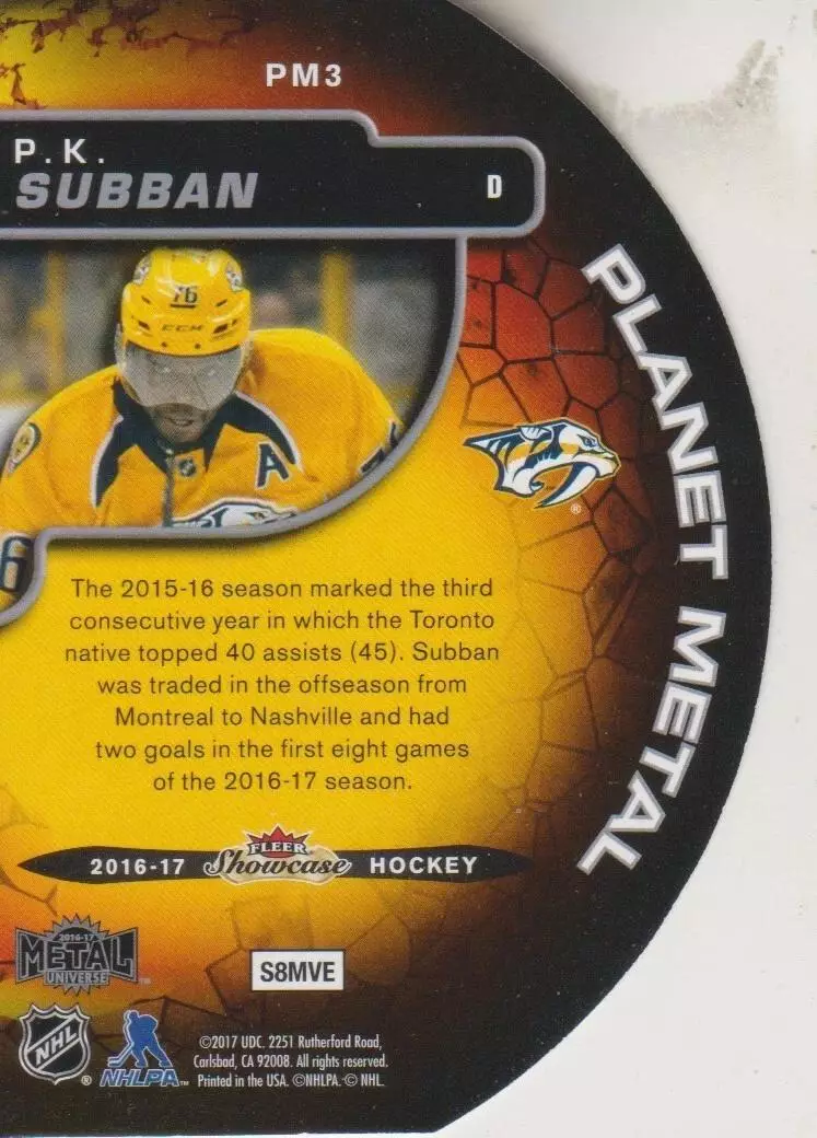 2016-17 Fleer Showcase Metal Universe Planet Metal #PM3 P.K. Subban 1