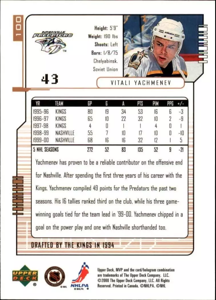 2000-01 Upper Deck MVP #100 Vitali Yachmenev 1