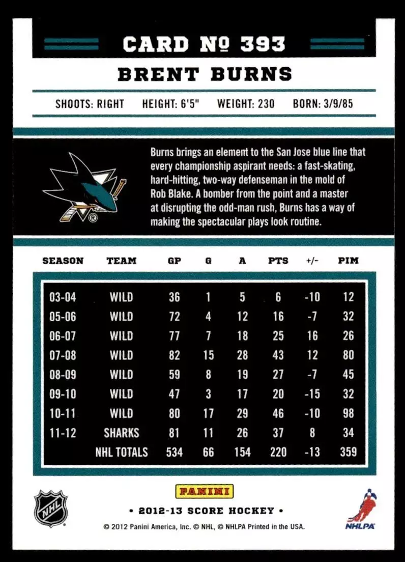 2012-13 Score Gold Rush #393 Brent Burns 1