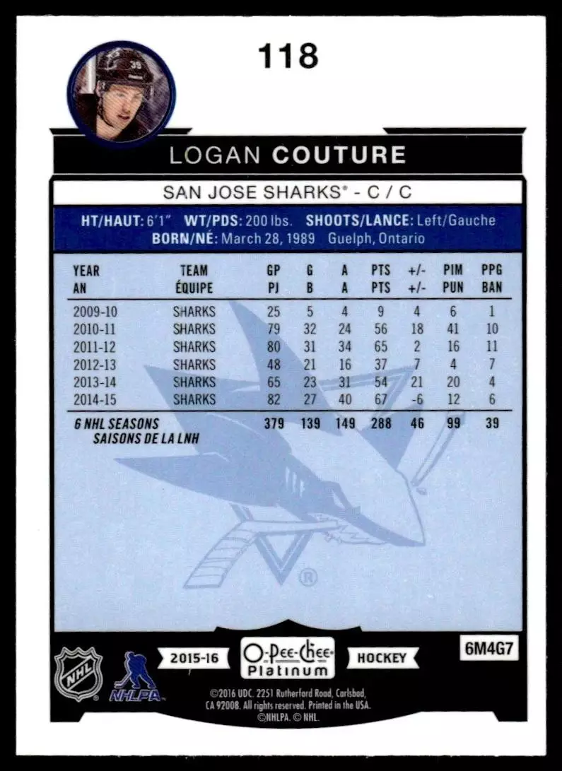 2015-16 O-Pee-Chee Platinum #118 Logan Couture 1