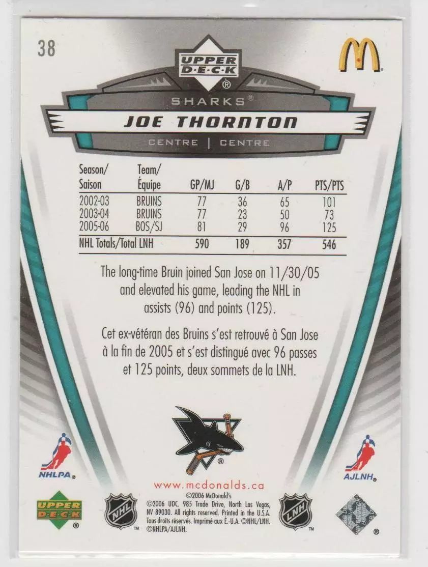 2006-07 McDonald's Upper Deck #38 Joe Thornton 1