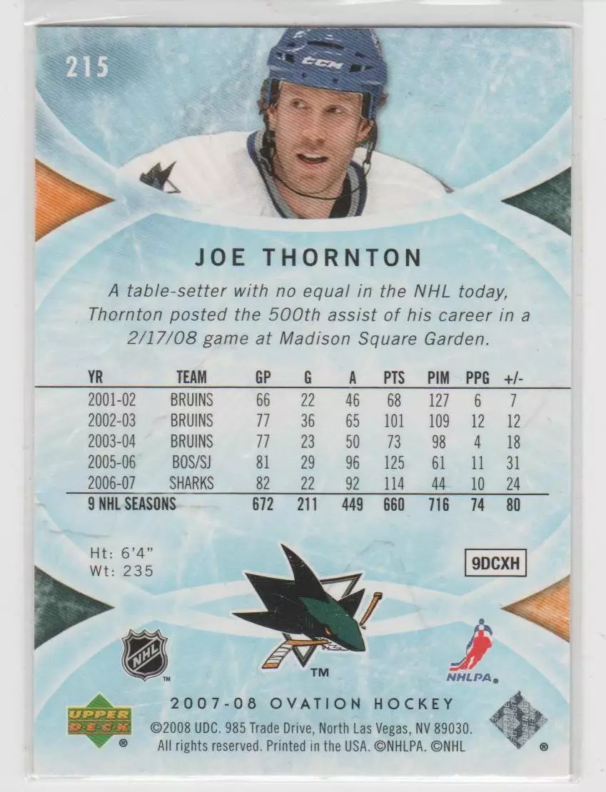 2007-08 Upper Deck Ovation #215 Joe Thornton 1