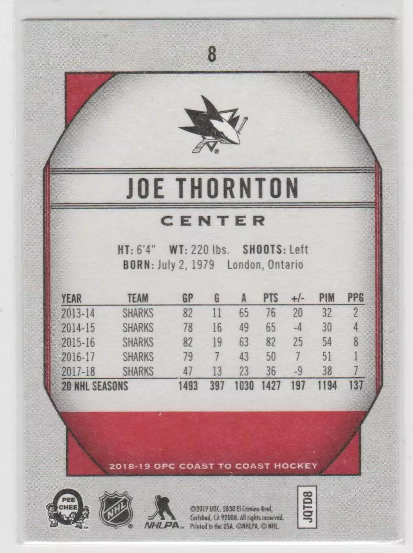 2018-19 O-Pee-Chee Coast to Coast #8 Joe Thornton 1