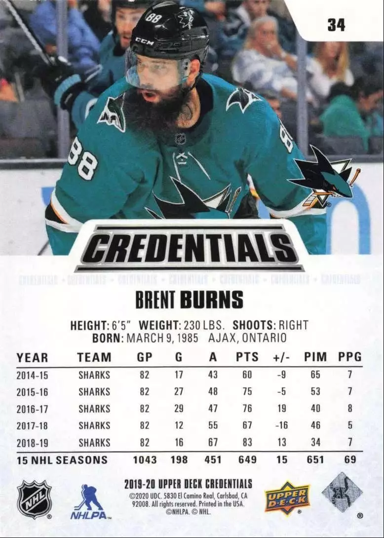 2019-20 Upper Deck Credentials #34 Brent Burns 1