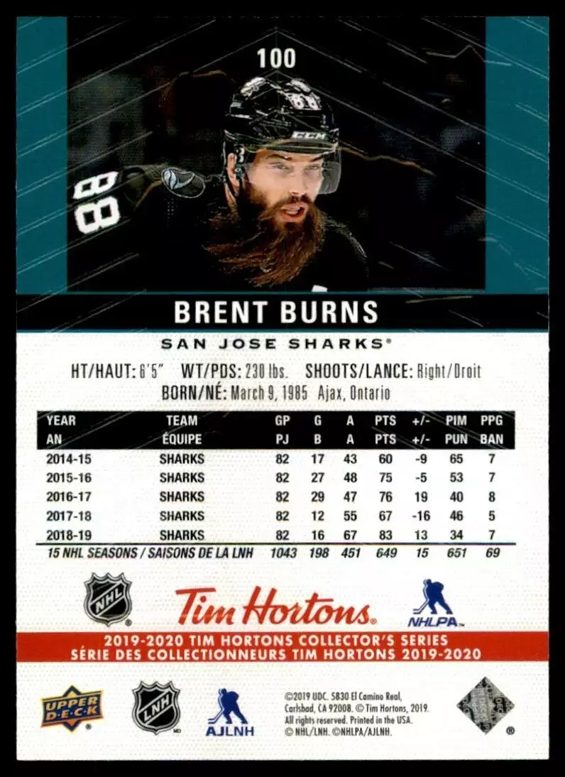 2019-20 Upper Deck Tim Hortons #100 Brent Burns 1