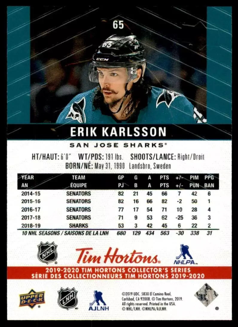 2019-20 Upper Deck Tim Hortons #65 Erik Karlsson 1