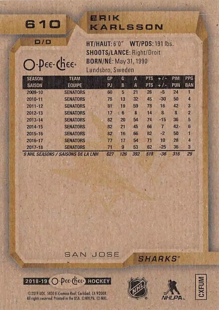 2018-19 O-Pee-Chee Silver #610 Erik Karlsson 1