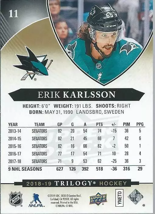 2018-19 Upper Deck Trilogy #11 Erik Karlsson 1
