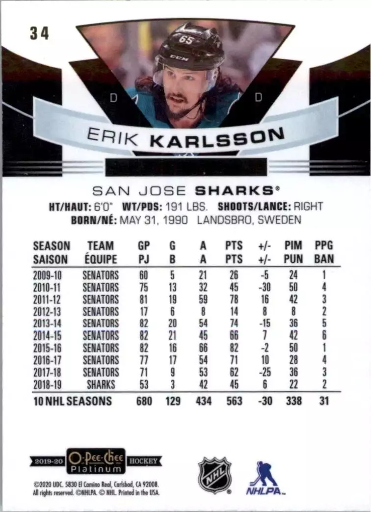 2019-20 O-Pee-Chee Platinum #34 Erik Karlsson 1