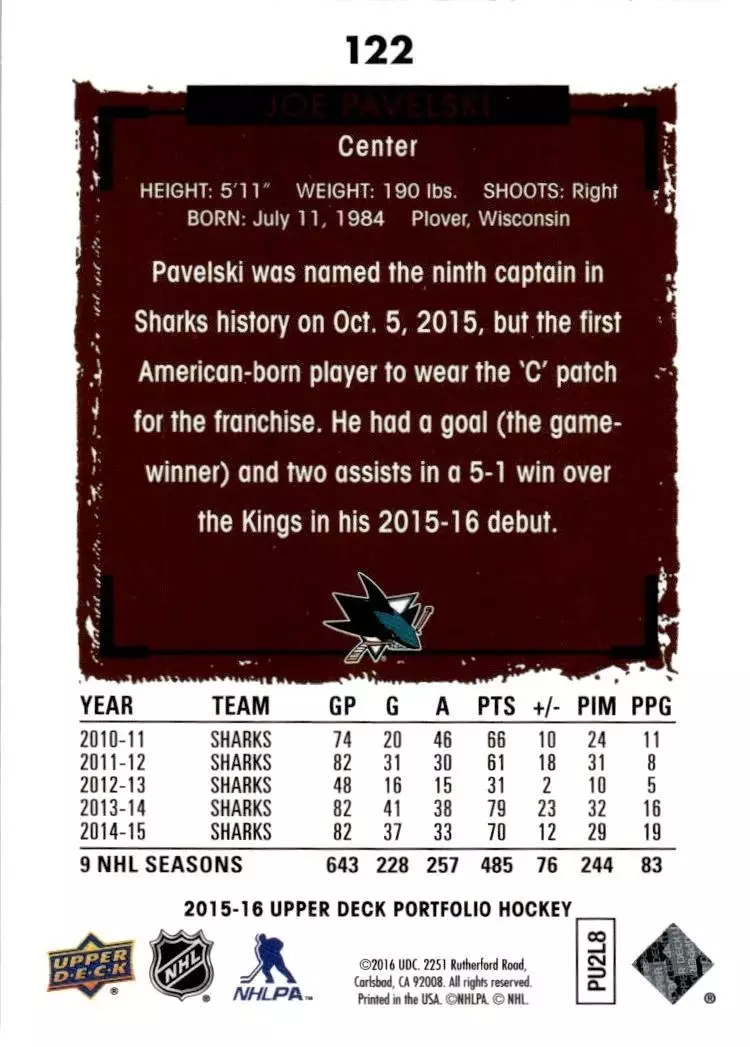 2015-16 Upper Deck Portfolio #122 Joe Pavelski 1