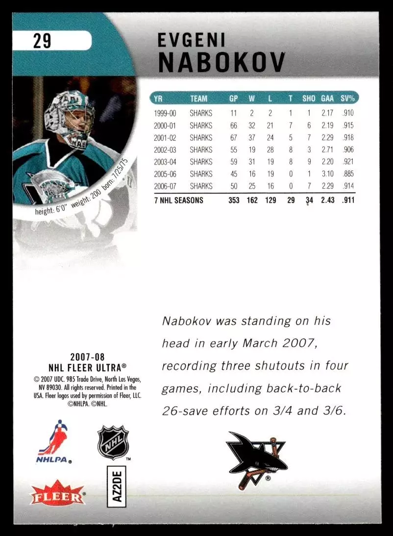 2007-08 Ultra #29 Evgeni Nabokov 1