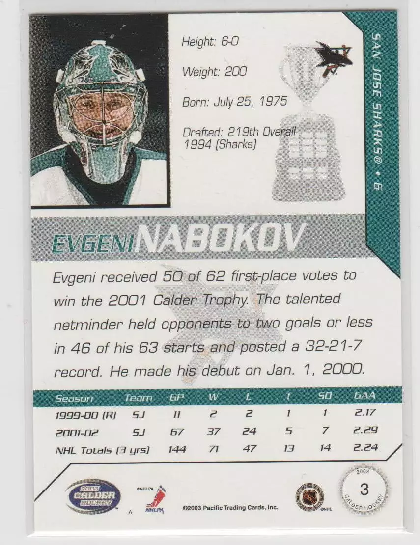 2002-03 Pacific Calder #3 Evgeni Nabokov 1