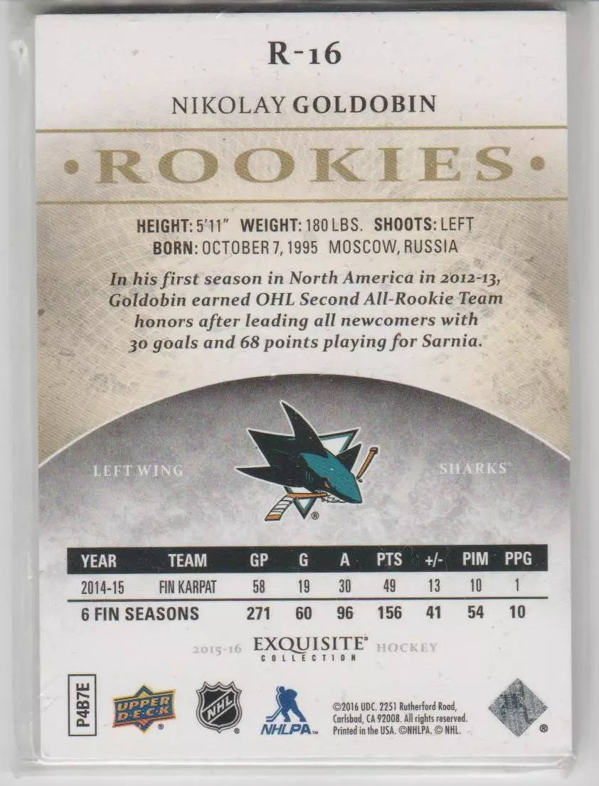 2015-16 Exquisite Collection #R16 Nikolay Goldobin RC 058\399 1