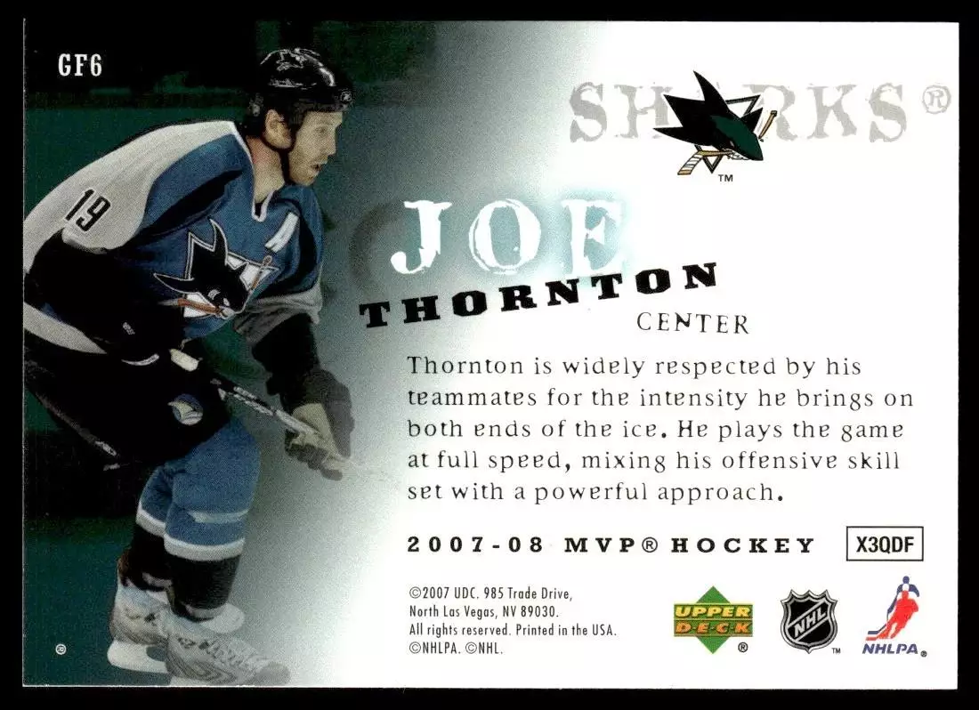 2007-08 Upper Deck MVP Game Faces #GF6 Joe Thornton 1
