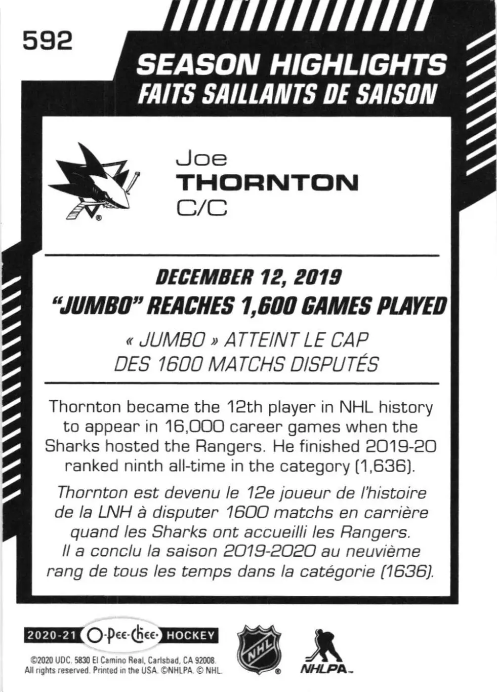 2020-21 O-Pee-Chee #592 Joe Thornton SH 1