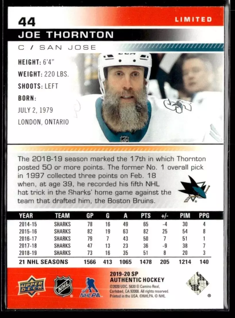 2019-20 SP Authentic Limited Red #44 Joe Thornton 1