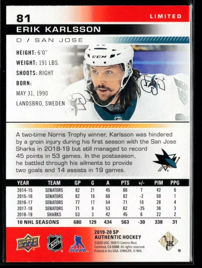 2019-20 SP Authentic Limited Red #81 Erik Karlsson 1