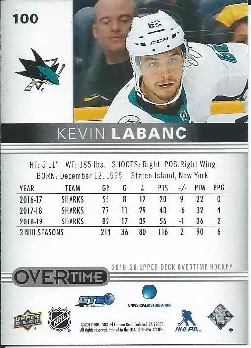 2019-20 Upper Deck Overtime #100 Kevin Labanc 1
