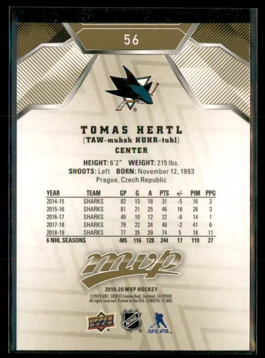 2019-20 Upper Deck MVP Gold Script #56 Tomas Hertl 1