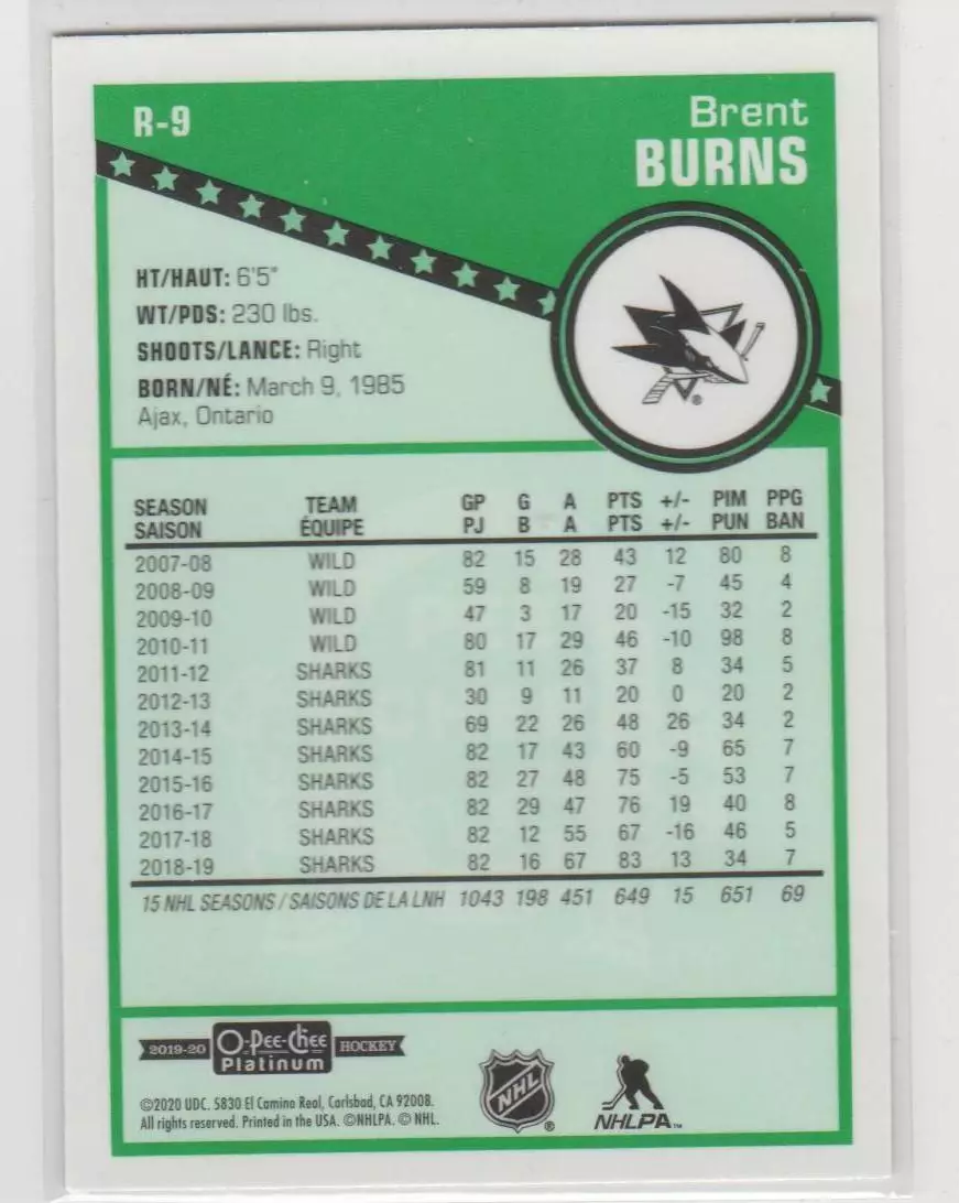 2019-20 O-Pee-Chee Platinum Retro #R9 Brent Burns 1