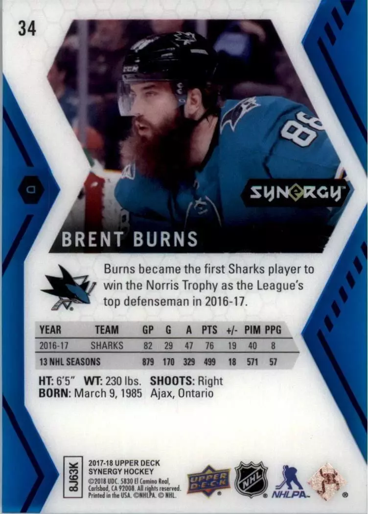 2017-18 Synergy Blue #34 Brent Burns 1